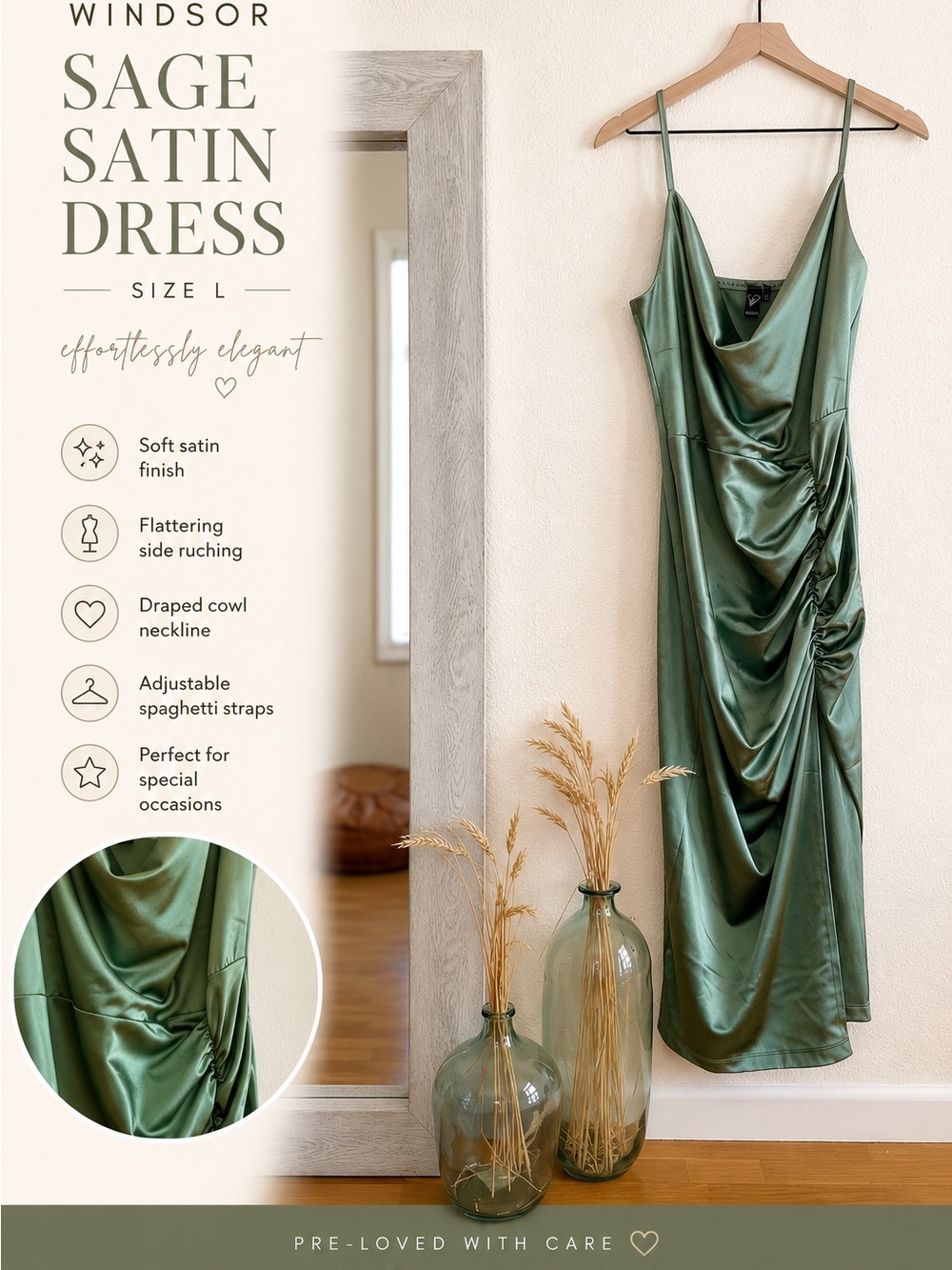 💚Windsor Sage Satin Ruched Midi Dress | Size Large